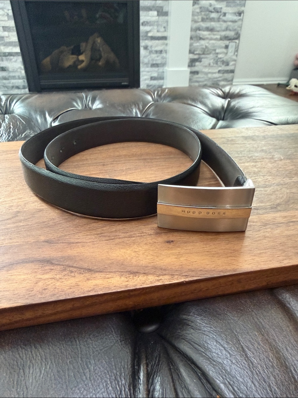 Hugo Boss Black Leather Belt with Two-Tone Metal Buckle